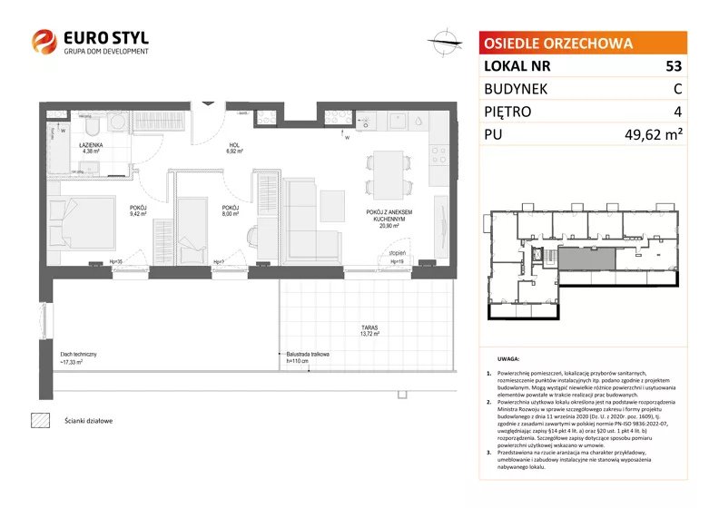 3 pokoje, mieszkanie 49,62 m², piętro 4, oferta nr C/53, Osiedle Orzechowa, Gdynia, Chylonia, ul. Meksykańska/Orzechowa