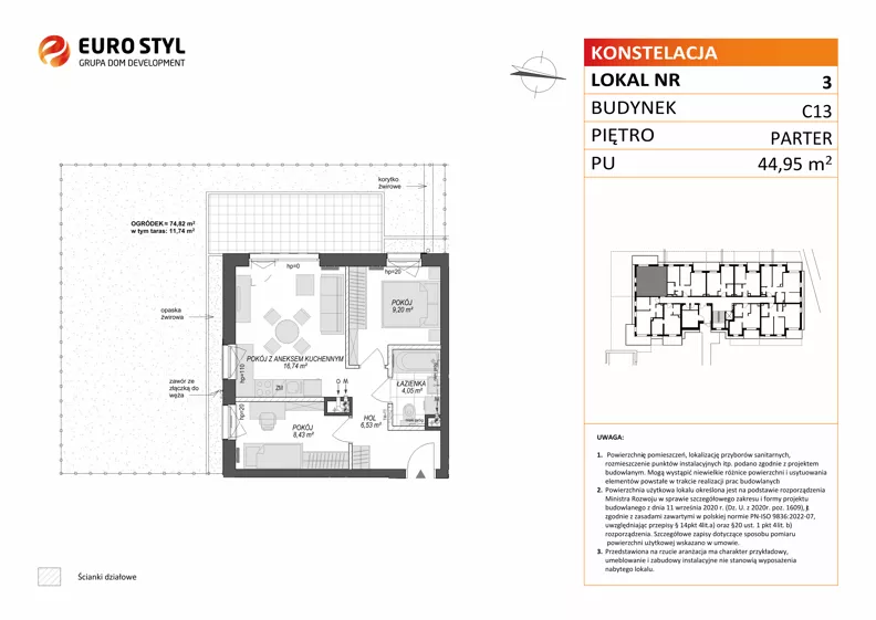 3 pokoje, mieszkanie 44,95 m², parter, oferta nr C13/3, Konstelacja - etap V, Gdynia, Pogórze, ul. Paderewskiego