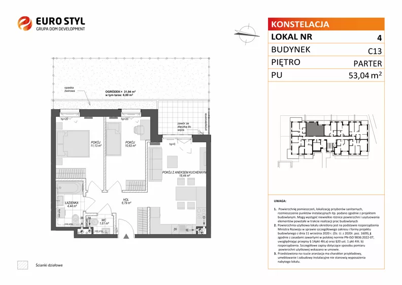 3 pokoje, mieszkanie 53,04 m², parter, oferta nr C13/4, Konstelacja - etap V, Gdynia, Pogórze, ul. Paderewskiego