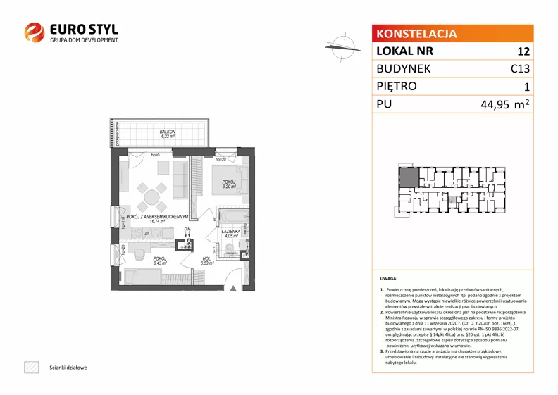 3 pokoje, mieszkanie 44,95 m², piętro 1, oferta nr C13/12, Konstelacja - etap V, Gdynia, Pogórze, ul. Paderewskiego