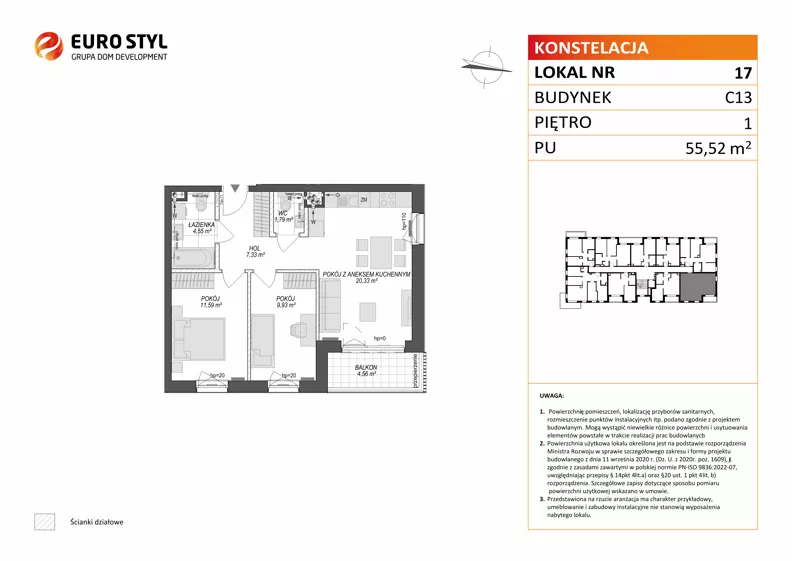 3 pokoje, mieszkanie 55,52 m², piętro 1, oferta nr C13/17, Konstelacja - etap V, Gdynia, Pogórze, ul. Paderewskiego