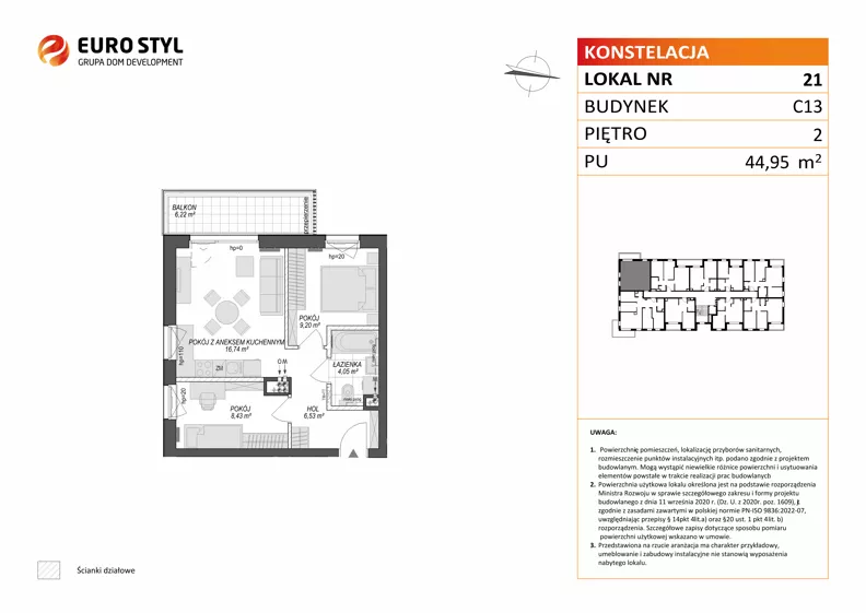 3 pokoje, mieszkanie 44,95 m², piętro 2, oferta nr C13/21, Konstelacja - etap V, Gdynia, Pogórze, ul. Paderewskiego