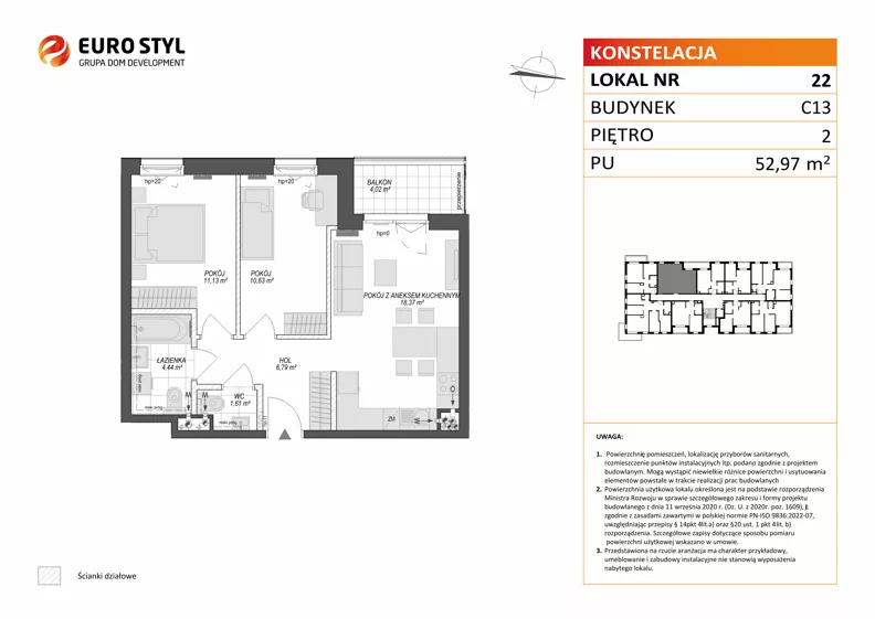 3 pokoje, mieszkanie 52,97 m², piętro 2, oferta nr C13/22, Konstelacja - etap V, Gdynia, Pogórze, ul. Paderewskiego