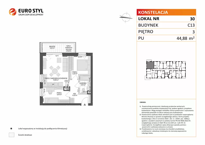 3 pokoje, mieszkanie 44,88 m², piętro 3, oferta nr C13/30, Konstelacja - etap V, Gdynia, Pogórze, ul. Paderewskiego