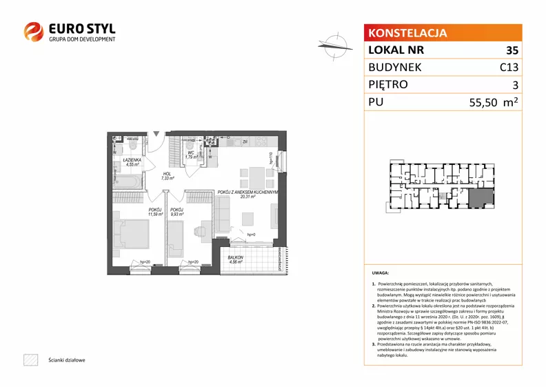 3 pokoje, mieszkanie 55,50 m², piętro 3, oferta nr C13/35, Konstelacja - etap V, Gdynia, Pogórze, ul. Paderewskiego