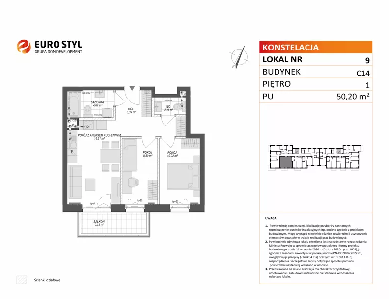 3 pokoje, mieszkanie 50,20 m², piętro 1, oferta nr C14/9, Konstelacja - etap V, Gdynia, Pogórze, ul. Paderewskiego
