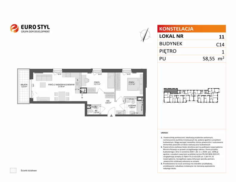 3 pokoje, mieszkanie 58,55 m², piętro 1, oferta nr C14/11, Konstelacja - etap V, Gdynia, Pogórze, ul. Paderewskiego