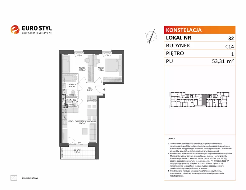 3 pokoje, mieszkanie 53,31 m², piętro 1, oferta nr C14/32, Konstelacja - etap V, Gdynia, Pogórze, ul. Paderewskiego