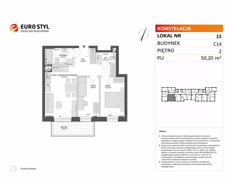 3 pokoje, mieszkanie 50,20 m², piętro 2, oferta nr C14/15, Konstelacja - etap V, Gdynia, Pogórze, ul. Paderewskiego
