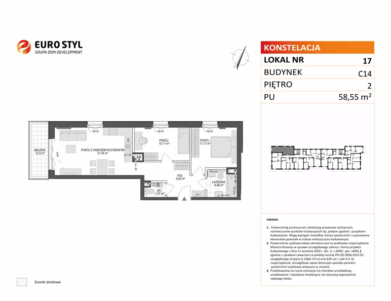 3 pokoje, mieszkanie 58,55 m², piętro 2, oferta nr C14/17, Konstelacja - etap V, Gdynia, Pogórze, ul. Paderewskiego