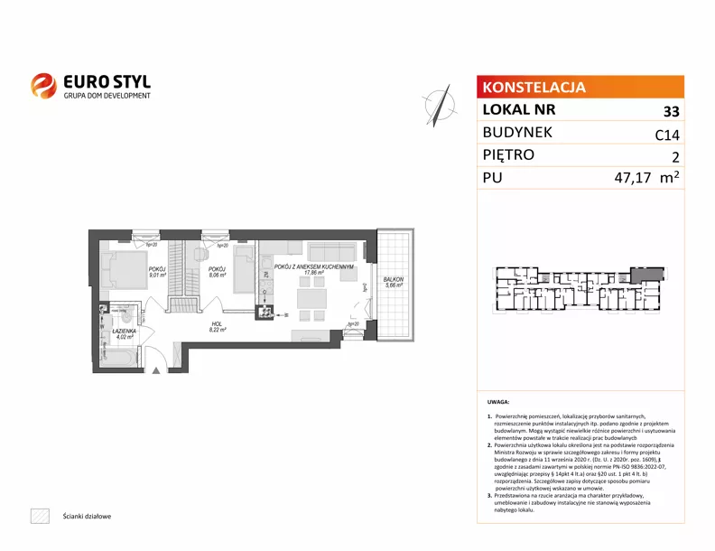 3 pokoje, mieszkanie 47,17 m², piętro 2, oferta nr C14/33, Konstelacja - etap V, Gdynia, Pogórze, ul. Paderewskiego