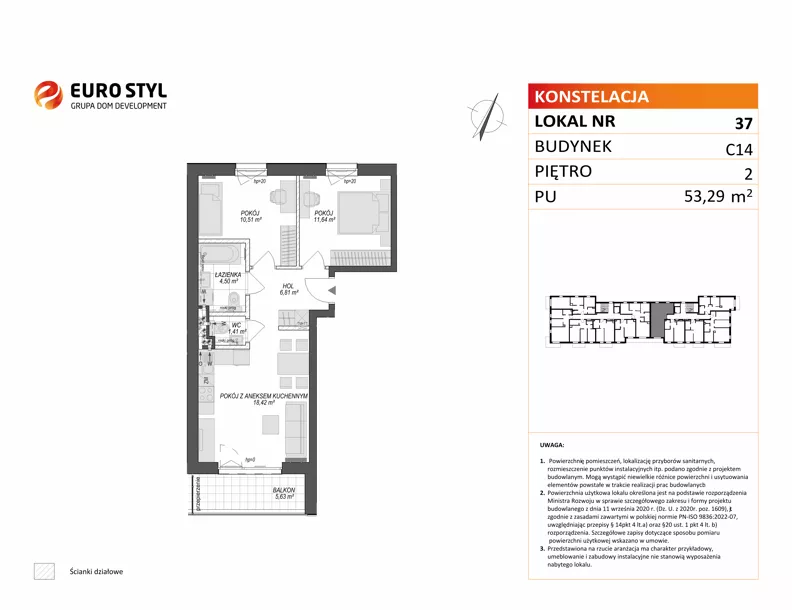 3 pokoje, mieszkanie 53,29 m², piętro 2, oferta nr C14/37, Konstelacja - etap V, Gdynia, Pogórze, ul. Paderewskiego