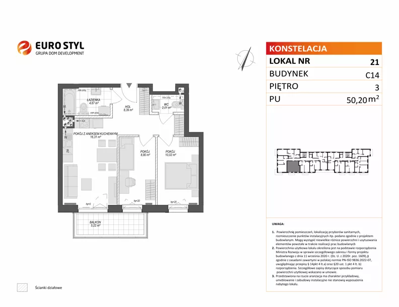 3 pokoje, mieszkanie 50,20 m², piętro 3, oferta nr C14/21, Konstelacja - etap V, Gdynia, Pogórze, ul. Paderewskiego