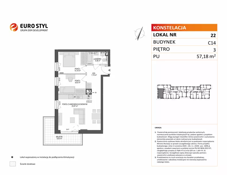 3 pokoje, mieszkanie 57,18 m², piętro 3, oferta nr C14/22, Konstelacja - etap V, Gdynia, Pogórze, ul. Paderewskiego