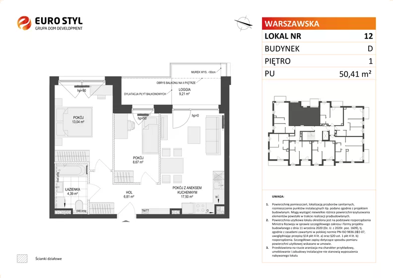 3 pokoje, mieszkanie 50,41 m², piętro 1, oferta nr D/12, Osiedle Warszawska - etap II, Gdańsk, Ujeścisko-Łostowice, Ujeścisko, ul. Warszawska