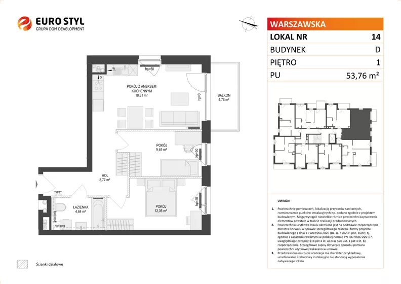 3 pokoje, mieszkanie 53,76 m², piętro 1, oferta nr D/14, Osiedle Warszawska - etap II, Gdańsk, Ujeścisko-Łostowice, Ujeścisko, ul. Warszawska