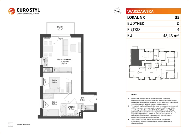 3 pokoje, mieszkanie 48,43 m², piętro 4, oferta nr D/35, Osiedle Warszawska - etap II, Gdańsk, Ujeścisko-Łostowice, Ujeścisko, ul. Warszawska
