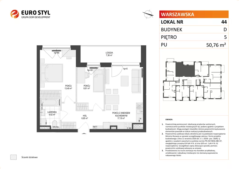 3 pokoje, mieszkanie 50,76 m², piętro 5, oferta nr D/44, Osiedle Warszawska - etap II, Gdańsk, Ujeścisko-Łostowice, Ujeścisko, ul. Warszawska