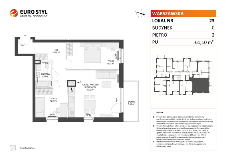 3 pokoje, mieszkanie 61,10 m², piętro 2, oferta nr C/23, Osiedle Warszawska - etap II, Gdańsk, Ujeścisko-Łostowice, Ujeścisko, ul. Warszawska