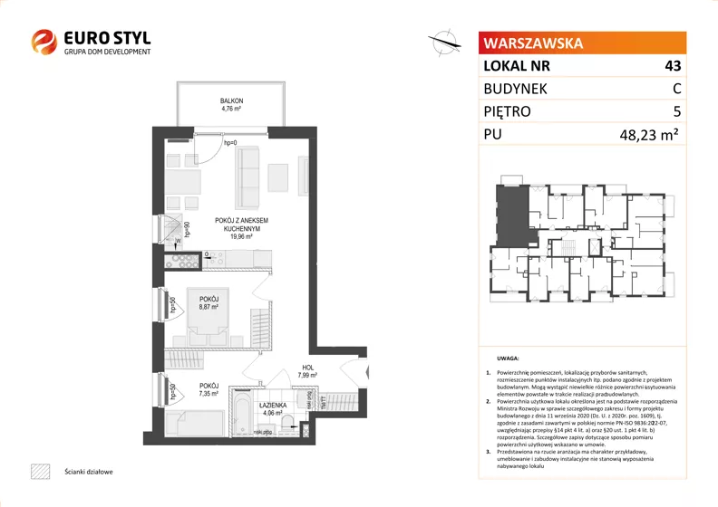 3 pokoje, mieszkanie 48,23 m², piętro 5, oferta nr C/43, Osiedle Warszawska - etap II, Gdańsk, Ujeścisko-Łostowice, Ujeścisko, ul. Warszawska
