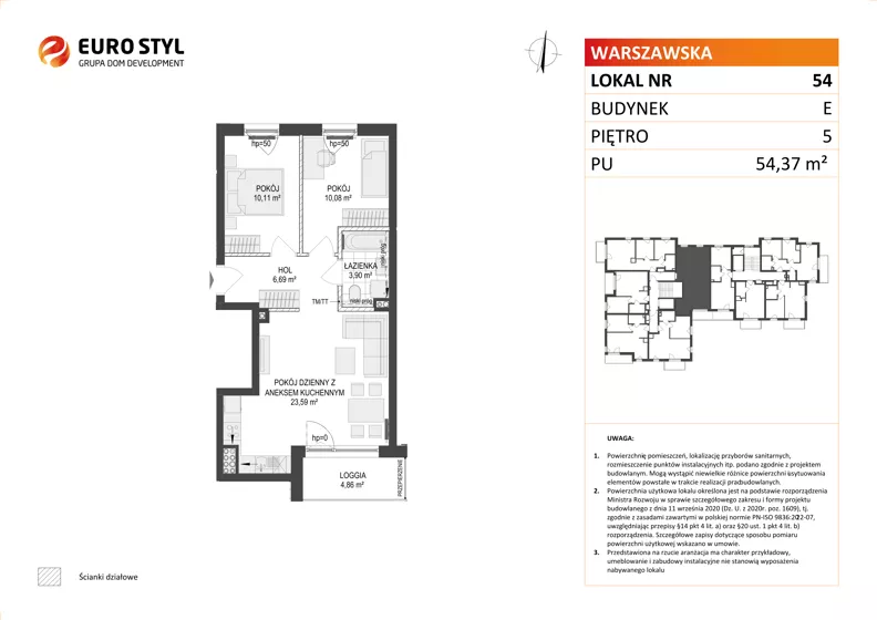 3 pokoje, mieszkanie 54,37 m², piętro 5, oferta nr E/54, Osiedle Warszawska - etap I, Gdańsk, Ujeścisko-Łostowice, Ujeścisko, ul. Warszawska