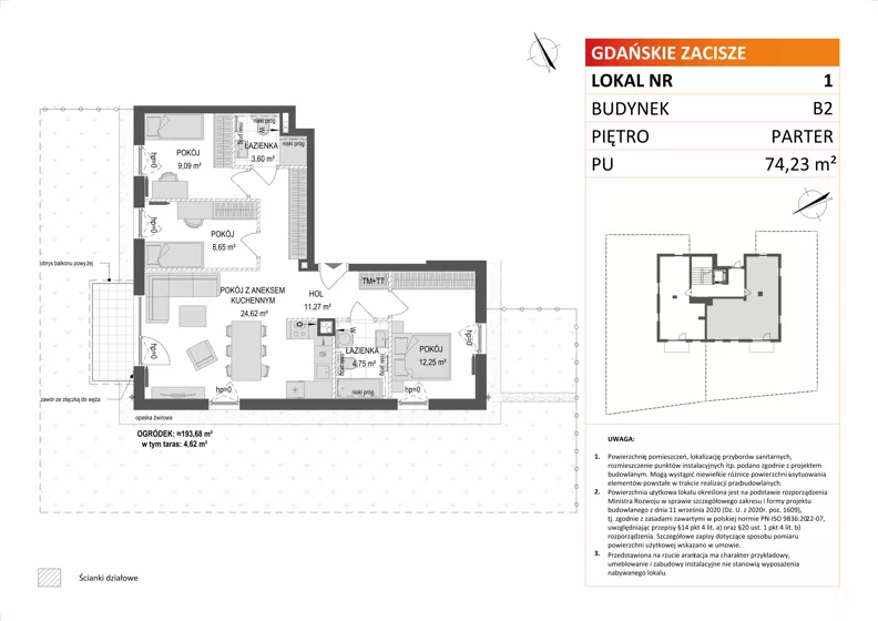 4 pokoje, mieszkanie 74,23 m², parter, oferta nr B2/1, Gdańskie Zacisze, Gdańsk, Kokoszki, ul. Bysewska