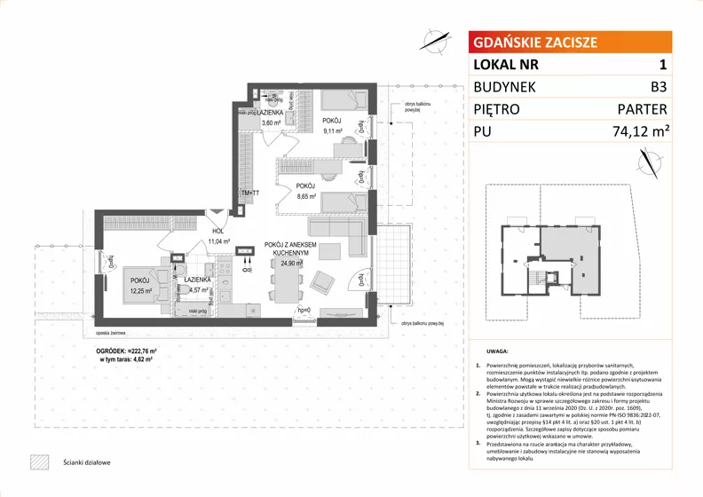 4 pokoje, mieszkanie 74,12 m², parter, oferta nr B3/1, Gdańskie Zacisze, Gdańsk, Kokoszki, ul. Bysewska