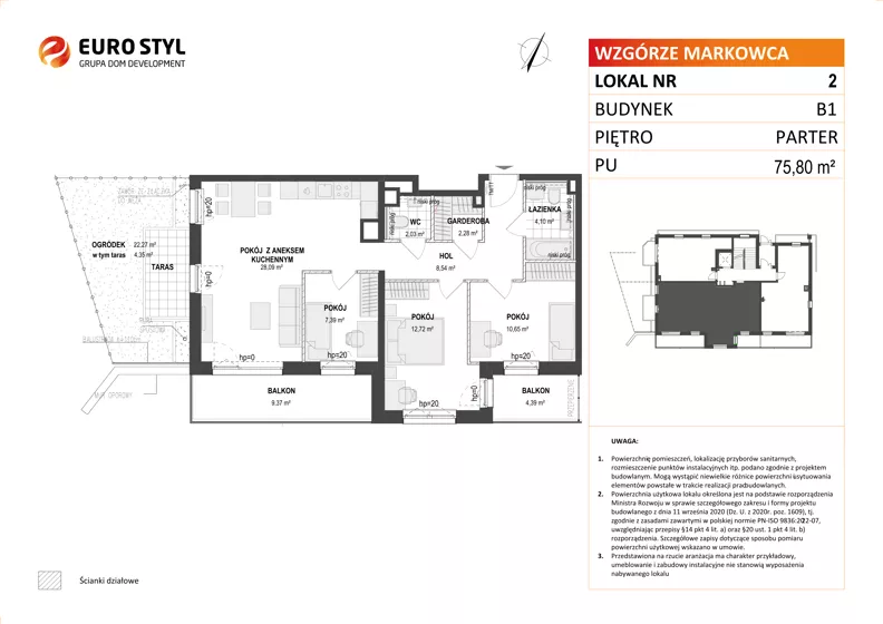 4 pokoje, mieszkanie 75,80 m², parter, oferta nr B1/2, Wzgórze Markowca, Rumia, Zagórze, ul. Markowców