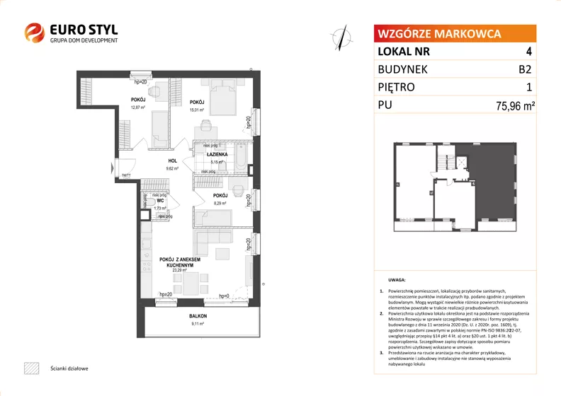 4 pokoje, mieszkanie 75,96 m², piętro 1, oferta nr B2/4, Wzgórze Markowca, Rumia, Zagórze, ul. Markowców