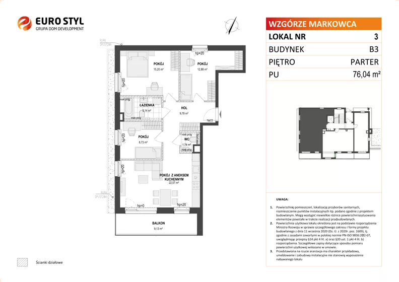 4 pokoje, mieszkanie 76,04 m², parter, oferta nr B3/3, Wzgórze Markowca, Rumia, Zagórze, ul. Markowców