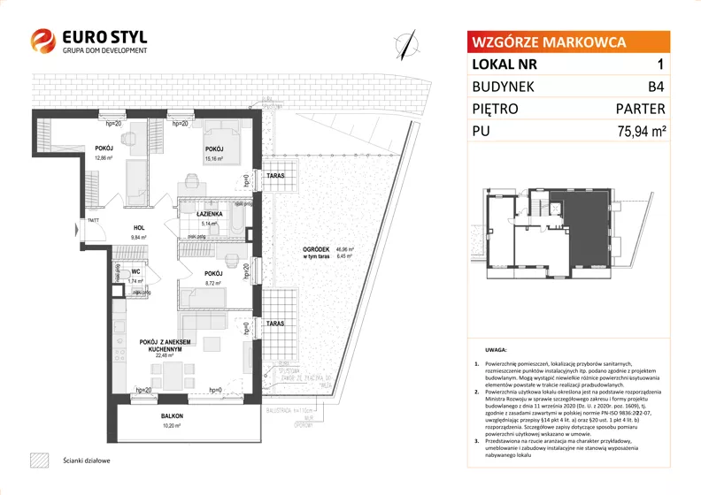 4 pokoje, mieszkanie 75,94 m², parter, oferta nr B4/1, Wzgórze Markowca, Rumia, Zagórze, ul. Markowców