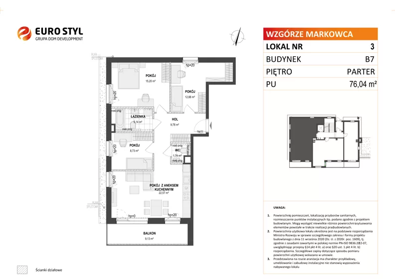 4 pokoje, mieszkanie 76,04 m², parter, oferta nr B7/3, Wzgórze Markowca, Rumia, Zagórze, ul. Markowców