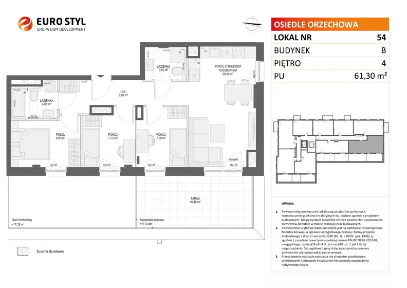 4 pokoje, mieszkanie 61,30 m², piętro 4, oferta nr B/54, Osiedle Orzechowa, Gdynia, Chylonia, ul. Meksykańska/Orzechowa