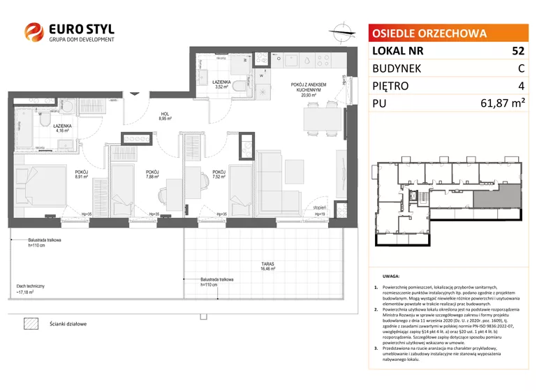 4 pokoje, mieszkanie 61,87 m², piętro 4, oferta nr C/52, Osiedle Orzechowa, Gdynia, Chylonia, ul. Meksykańska/Orzechowa