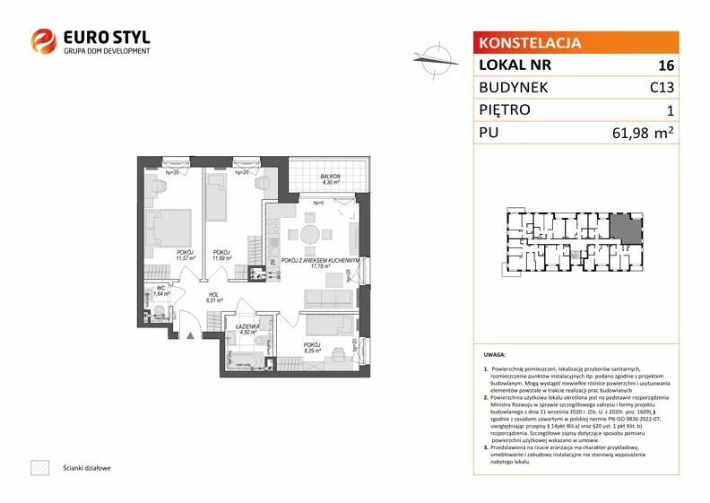 4 pokoje, mieszkanie 61,98 m², piętro 1, oferta nr C13/16, Konstelacja - etap V, Gdynia, Pogórze, ul. Paderewskiego