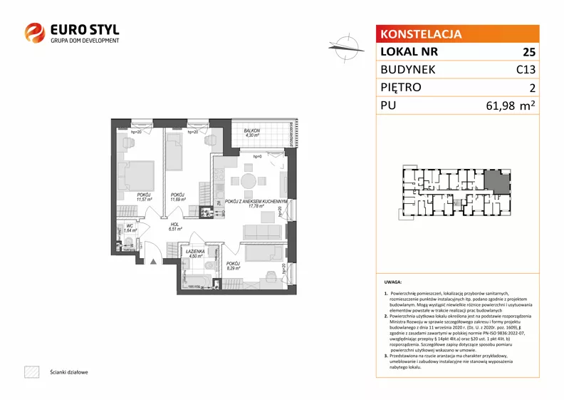 4 pokoje, mieszkanie 61,98 m², piętro 2, oferta nr C13/25, Konstelacja - etap V, Gdynia, Pogórze, ul. Paderewskiego