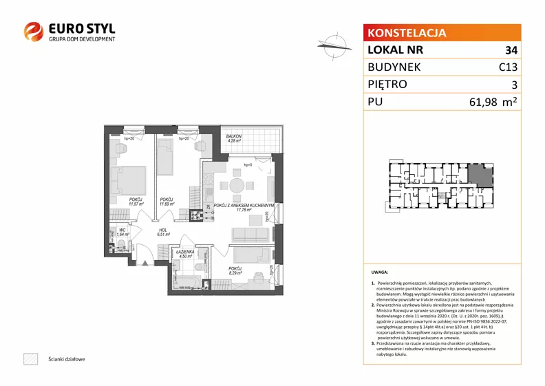 4 pokoje, mieszkanie 61,98 m², piętro 3, oferta nr C13/34, Konstelacja - etap V, Gdynia, Pogórze, ul. Paderewskiego
