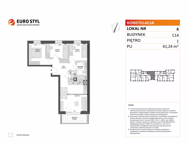 4 pokoje, mieszkanie 61,24 m², piętro 1, oferta nr C14/6, Konstelacja - etap V, Gdynia, Pogórze, ul. Paderewskiego