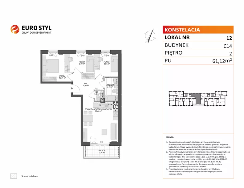 4 pokoje, mieszkanie 61,12 m², piętro 2, oferta nr C14/12, Konstelacja - etap V, Gdynia, Pogórze, ul. Paderewskiego
