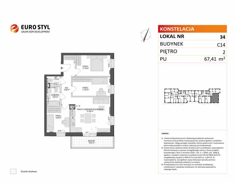 4 pokoje, mieszkanie 67,41 m², piętro 2, oferta nr C14/34, Konstelacja - etap V, Gdynia, Pogórze, ul. Paderewskiego