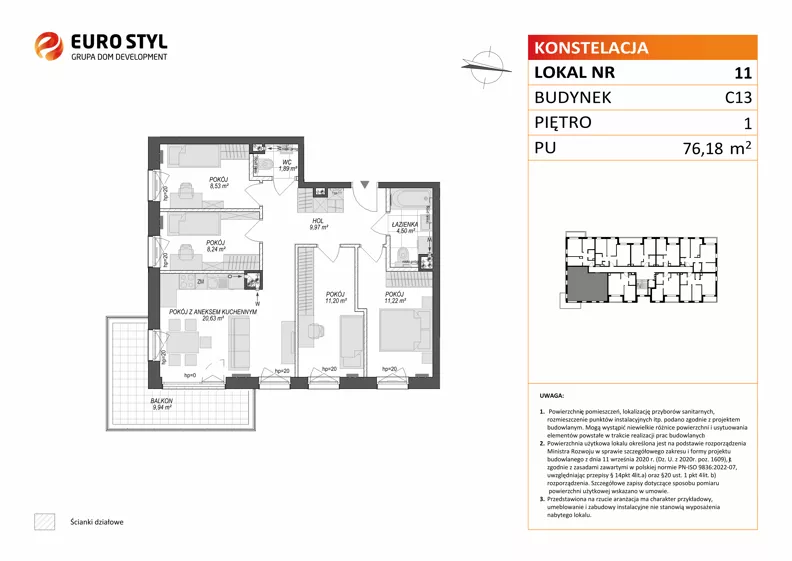 5 pokoi, mieszkanie 76,18 m², piętro 1, oferta nr C13/11, Konstelacja - etap V, Gdynia, Pogórze, ul. Paderewskiego