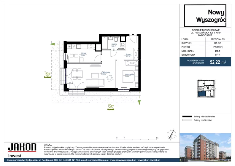 1 pokój, mieszkanie 52,22 m², parter, oferta nr D1.2, Nowy Wyszogród, Bydgoszcz, Stary Fordon, ul. Fordońska 408