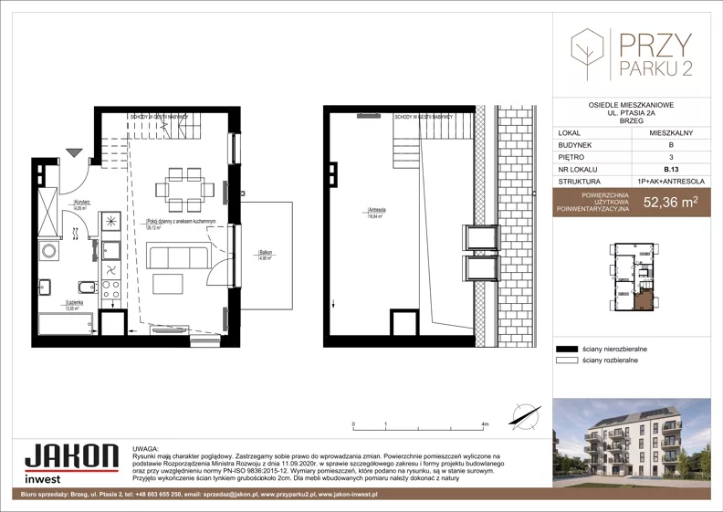 1 pokój, mieszkanie 52,36 m², piętro 3, oferta nr B.13, Przy Parku 2, Brzeg, ul. Ptasia 2