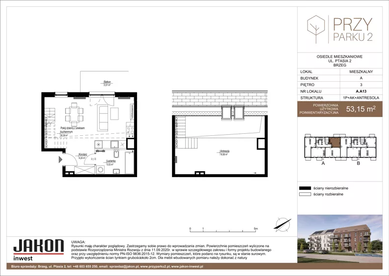 1 pokój, mieszkanie 53,15 m², piętro 3, oferta nr A.A13, Przy Parku 2, Brzeg, ul. Ptasia 2