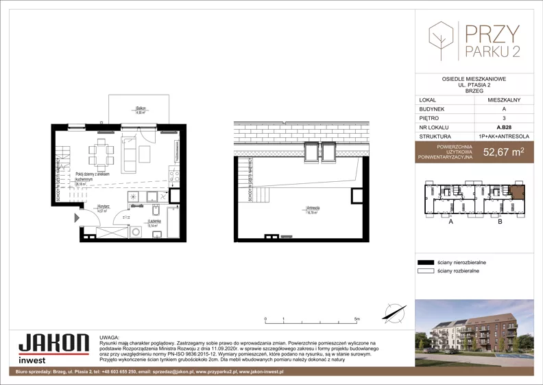 1 pokój, mieszkanie 52,67 m², piętro 3, oferta nr A.B28, Przy Parku 2, Brzeg, ul. Ptasia 2