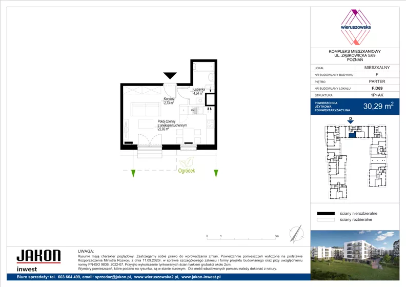 1 pokój, mieszkanie 30,29 m², parter, oferta nr F.D69, Wieruszowska, Poznań, Grunwald, Junikowo, ul. Wieruszowska 4