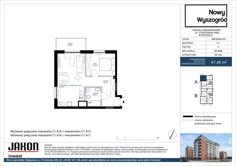 2 pokoje, mieszkanie 47,40 m², piętro 4, oferta nr C1.A16, Nowy Wyszogród, Bydgoszcz, Stary Fordon, ul. Fordońska 408
