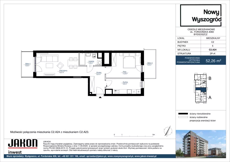 2 pokoje, mieszkanie 52,26 m², piętro 5, oferta nr C2.A24, Nowy Wyszogród, Bydgoszcz, Stary Fordon, ul. Fordońska 408