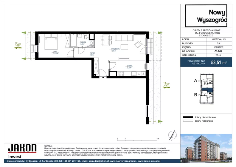2 pokoje, mieszkanie 53,51 m², parter, oferta nr C3.B31, Nowy Wyszogród, Bydgoszcz, Stary Fordon, ul. Fordońska 408
