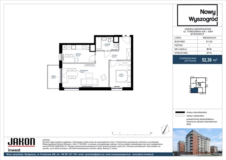 2 pokoje, mieszkanie 52,36 m², piętro 1, oferta nr D1.6, Nowy Wyszogród, Bydgoszcz, Stary Fordon, ul. Fordońska 408